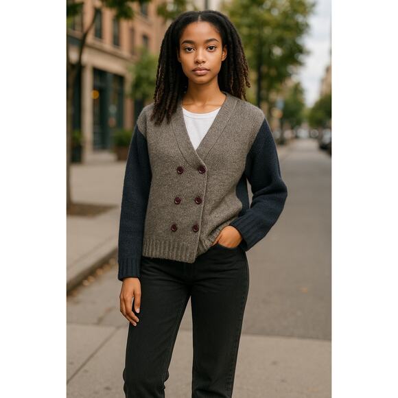 Women’s Preppy Minimalist Double Breasted Wool Color block Cardigan L - Picture 1 of 5